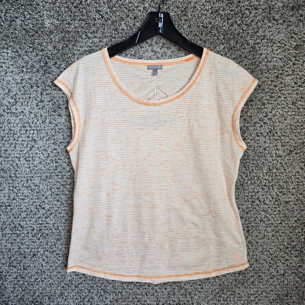 T‎ by Talbots Top Womens Medium Orange Striped Cap Sleeve Cutout Casual Ladies